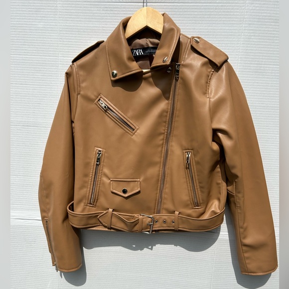 Zara bloggers favourite Women Faux Leather Biker Jacket Light Camel Size L - Picture 11 of 15